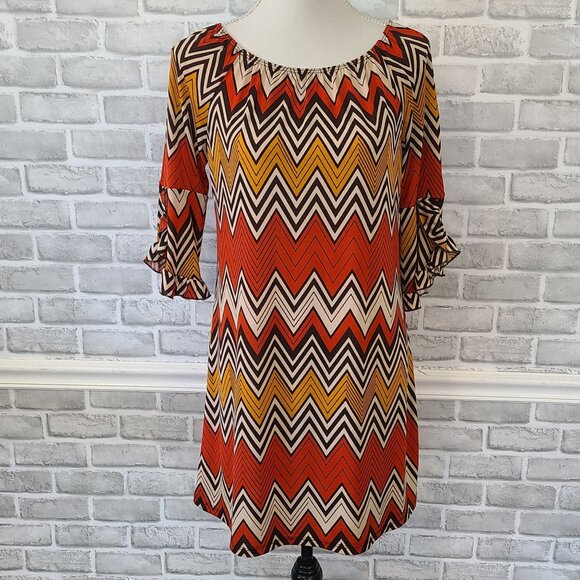 Vintage Jody of California Tunic Shift Dress Chevron Autumn USA Boho Retro S - Picture 7 of 7